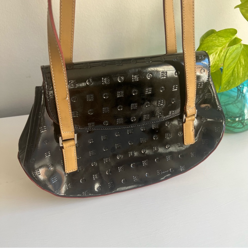 ARCADIA Embossed Black Patent Leather Signature Shoulder Handbag